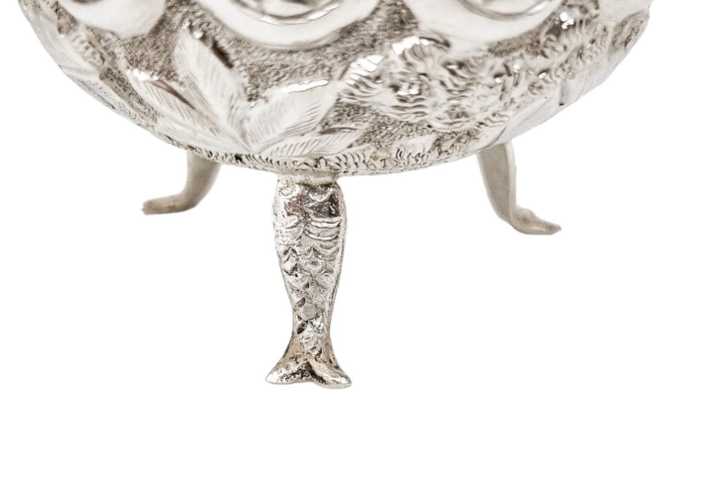 1890's Indian Calcutta silver figural bowl with fish legs and embossed village scenes