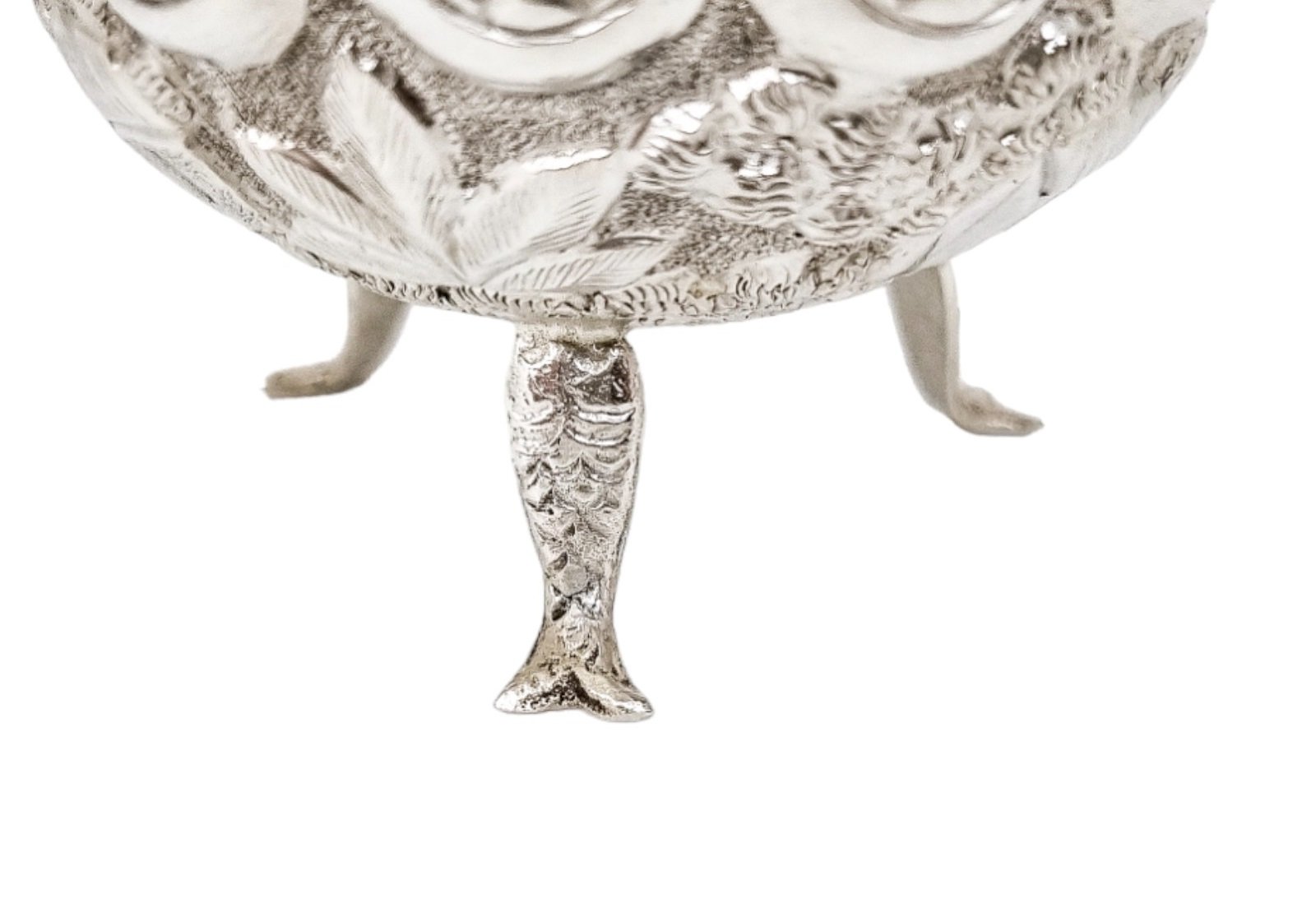 1890's Indian Calcutta silver figural bowl with fish legs and embossed village scenes