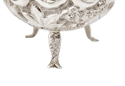 1890's Indian Calcutta silver figural bowl with fish legs and embossed village scenes