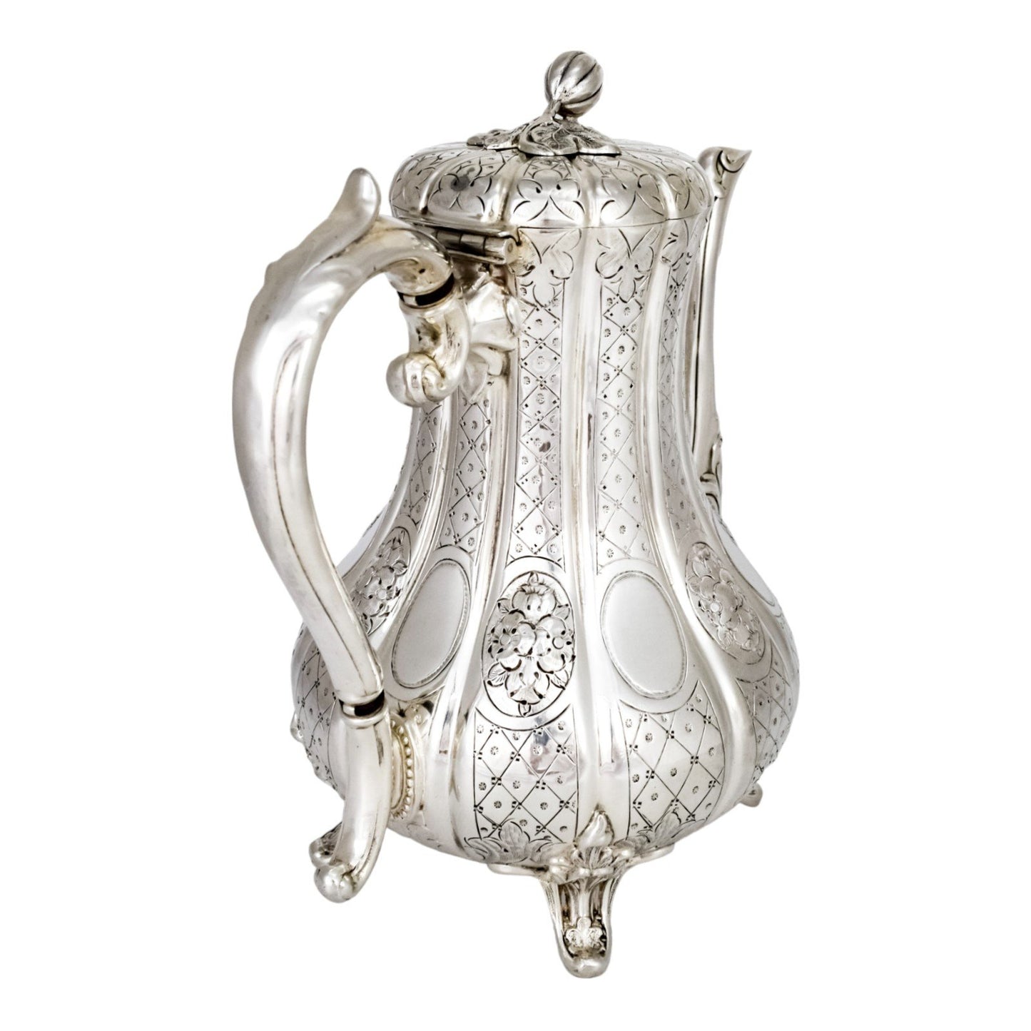 1860’s silverplate 4 piece tea and coffee set with nut finials and embossed flowers