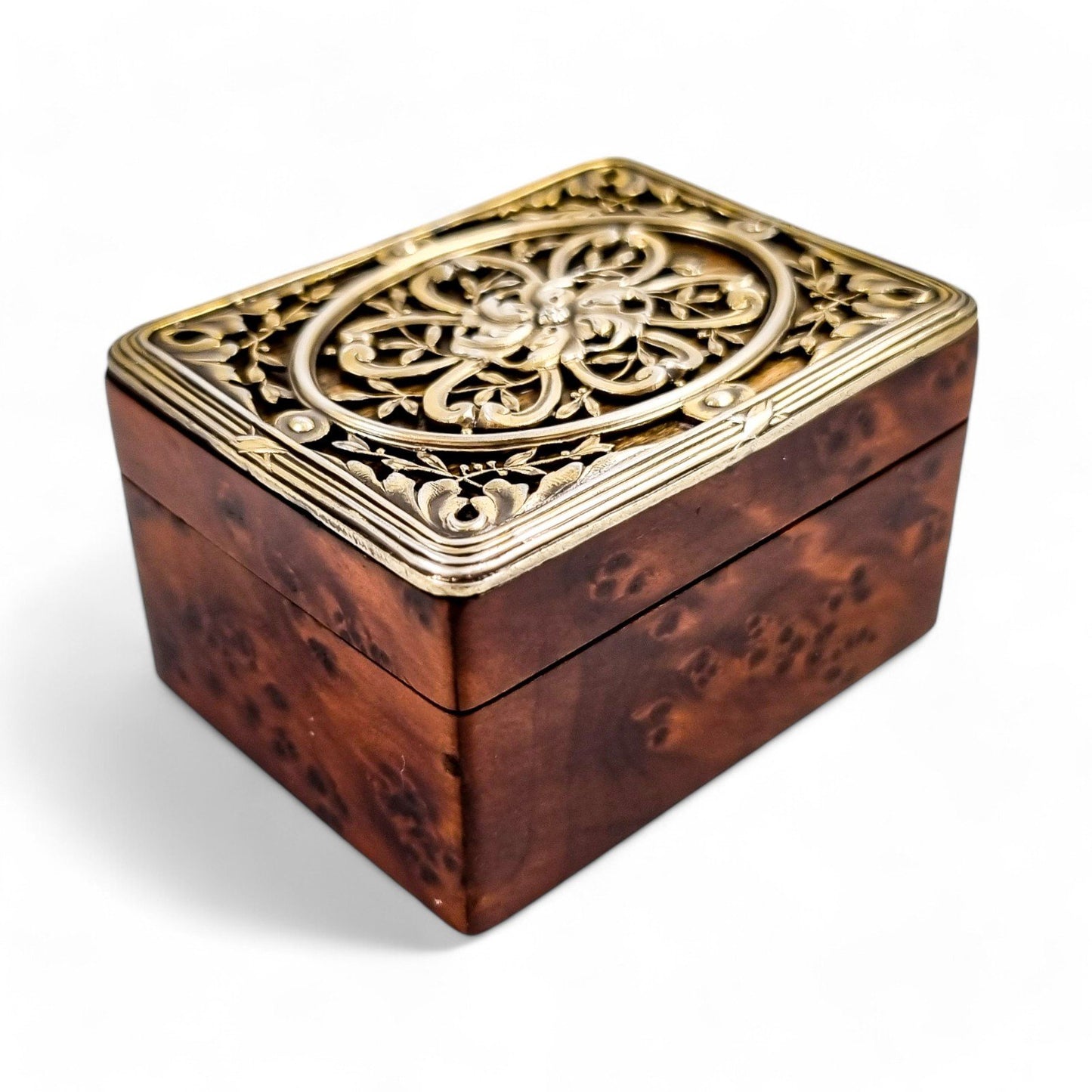 Antique French Art Nouveau walnut burlwood stamp box with pierced vermeil silver lid, c. 1890s