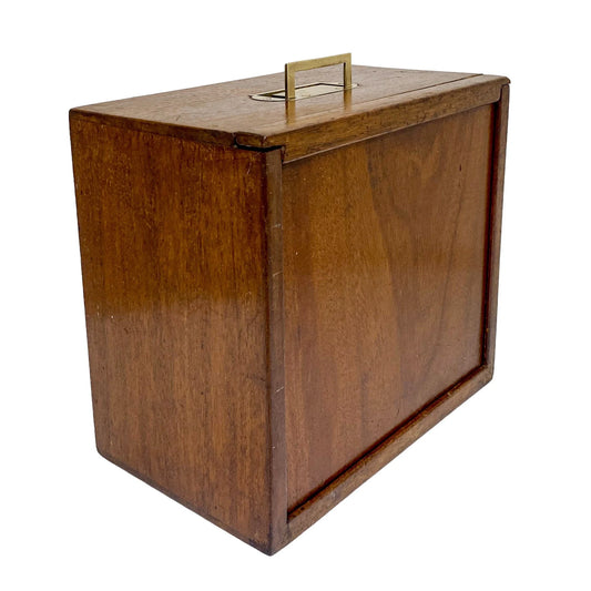 Edwardian mahogany upright storage box with sliding side lid and military carry handle
