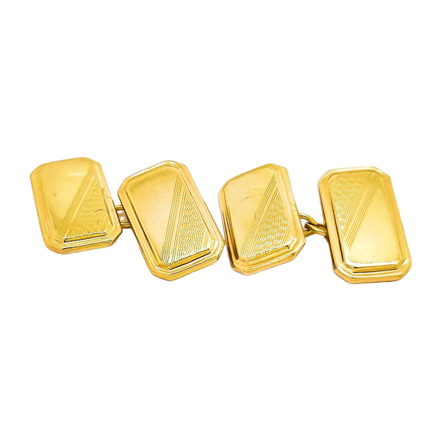 Vintage 1960’s 9ct yellow gold oblong bevelled cufflinks, half engine-turned, boxed