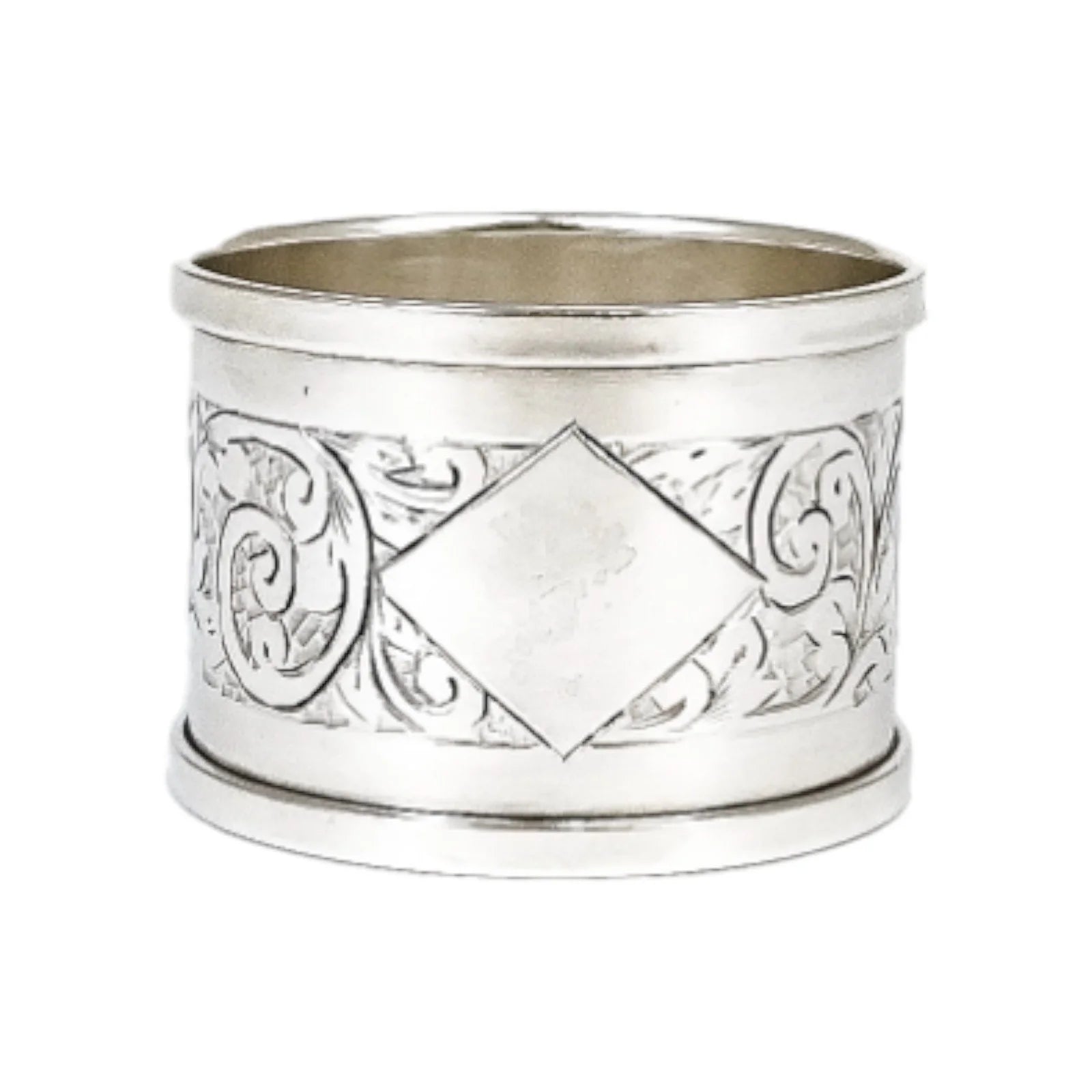 1930's large sterling silver napkin ring engraved with scrolling leaves