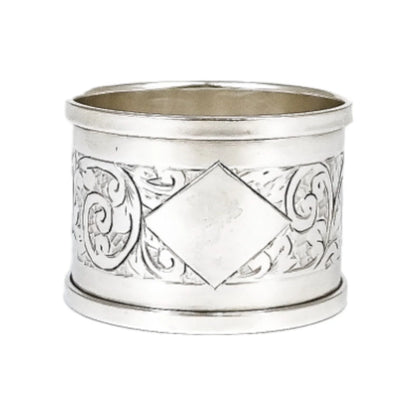 1930's large sterling silver napkin ring engraved with scrolling leaves