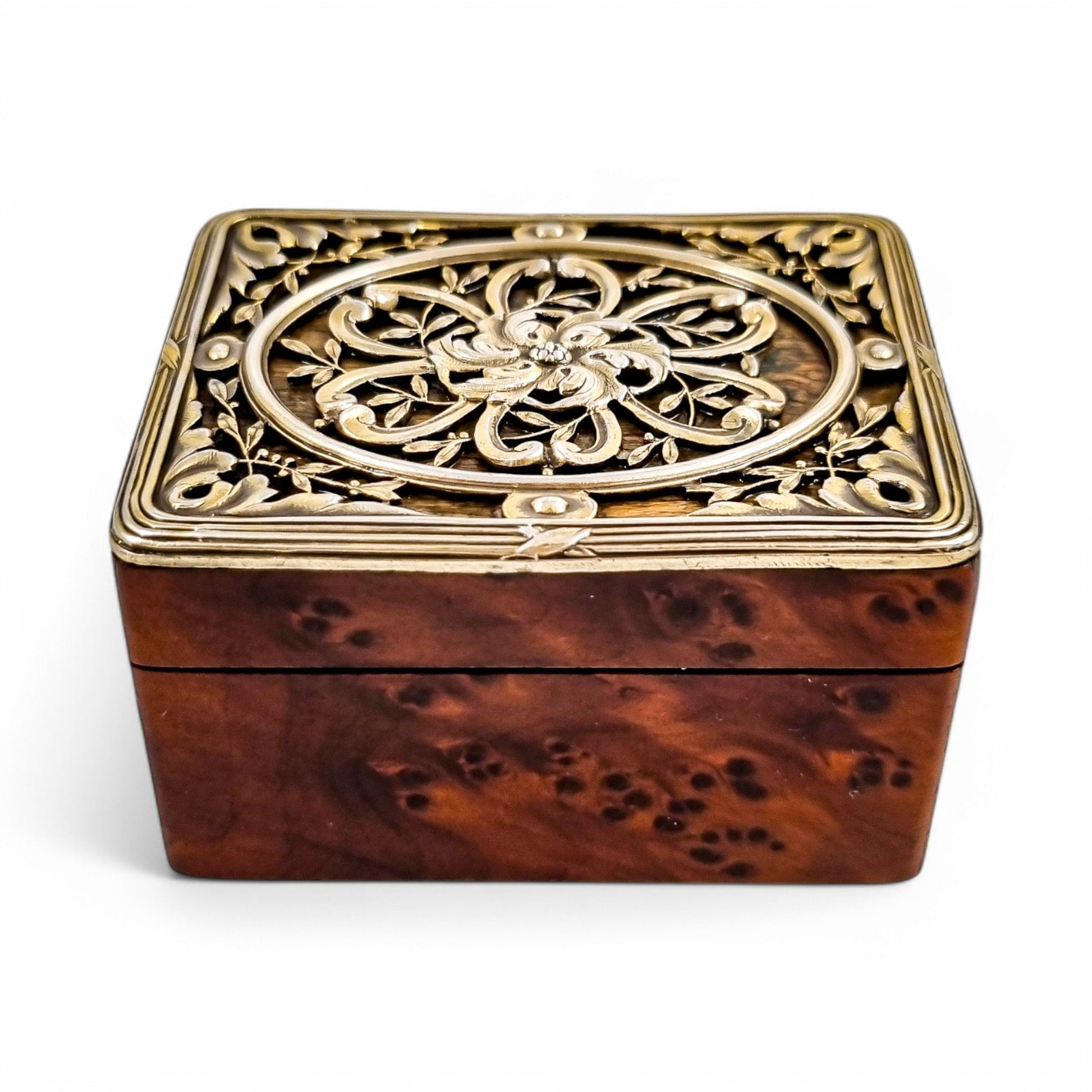 Antique French Art Nouveau walnut burlwood stamp box with pierced vermeil silver lid, c. 1890s