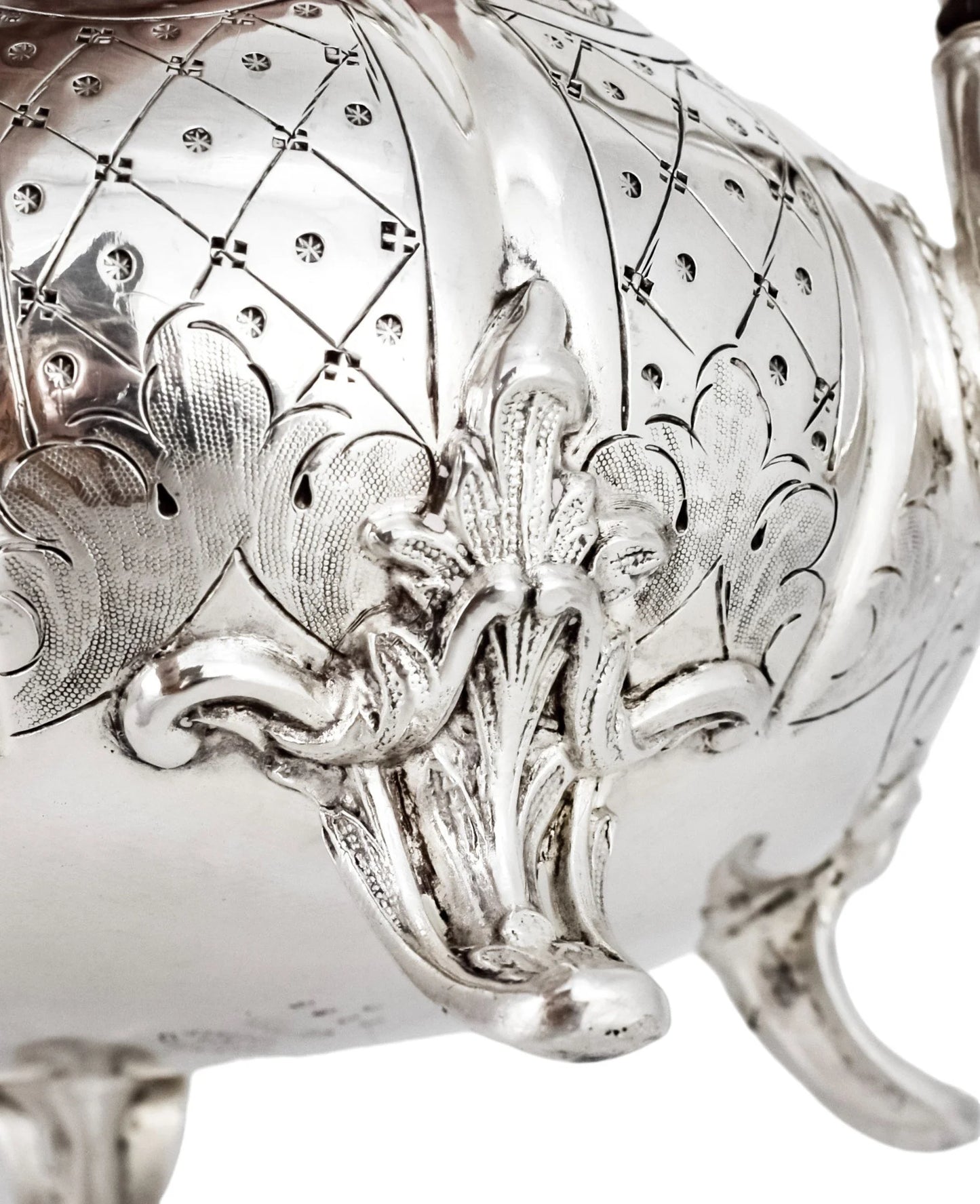 1860’s silverplate 4 piece tea and coffee set with nut finials and embossed flowers