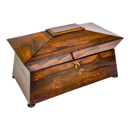 William IV rosewood sarcophagus tea caddy with mixing bowl and interior lids