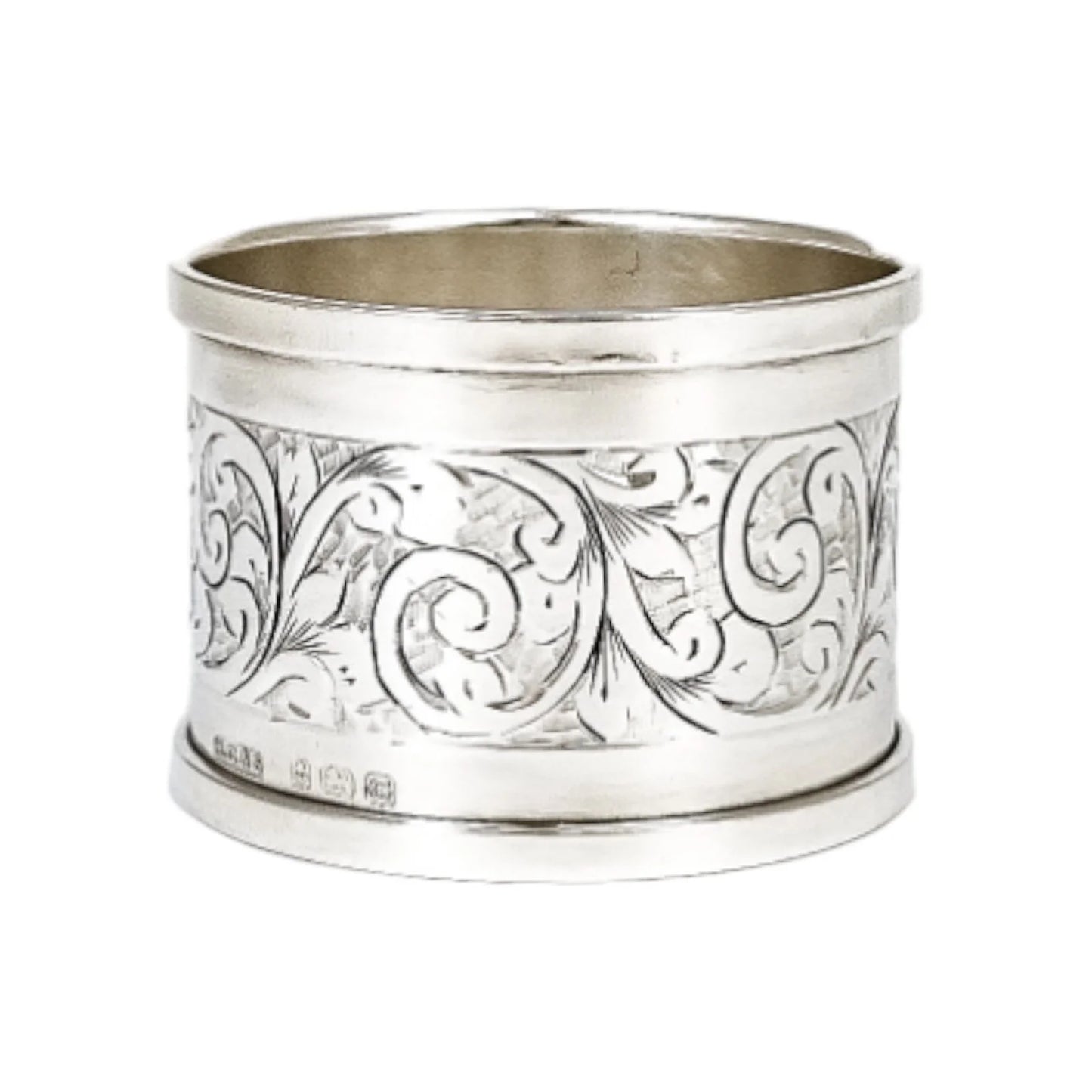 1930's large sterling silver napkin ring engraved with scrolling leaves