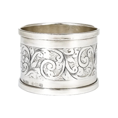 1930's large sterling silver napkin ring engraved with scrolling leaves