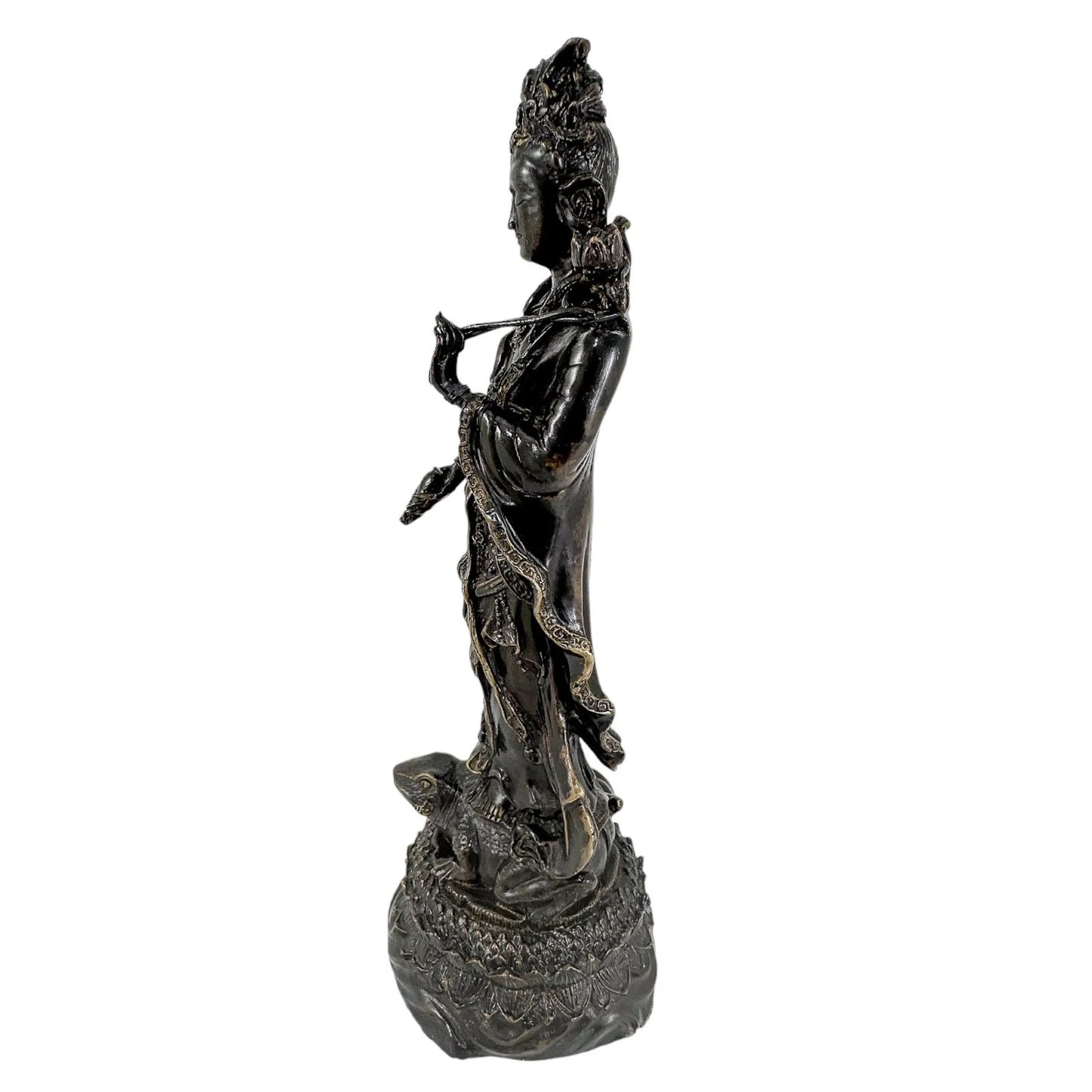 Chinese bronze tall statue of Guanyin resting on frog on lotus flower