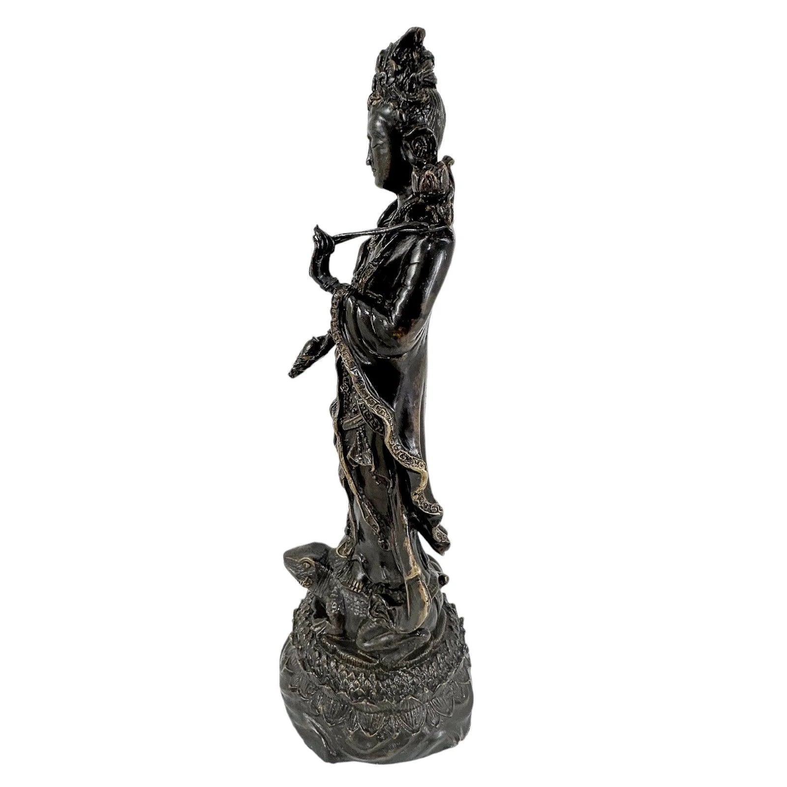 Chinese bronze tall statue of Guanyin resting on frog on lotus flower