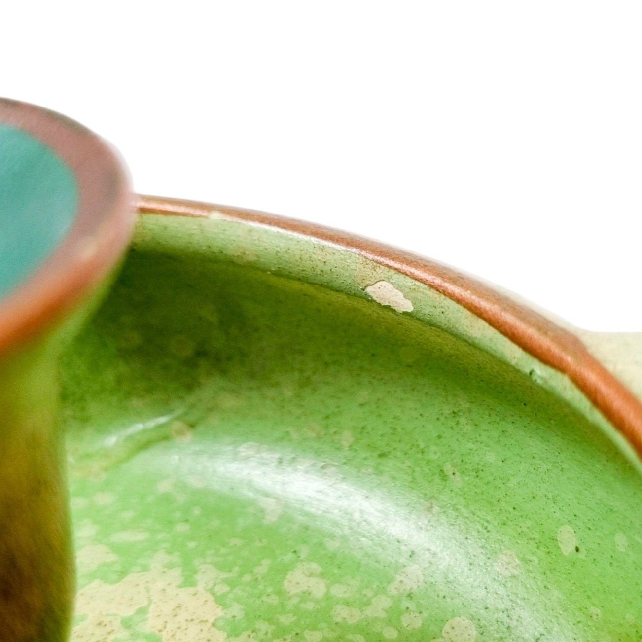Studio Pottery green chamberstick and 2 matching candlesticks decorated with autumn oak leaves