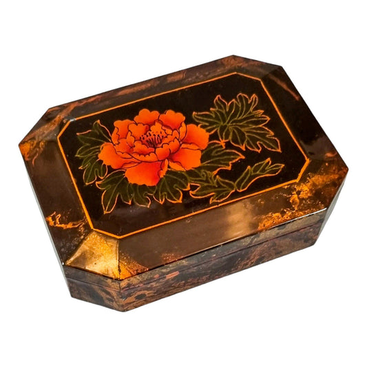 Octagonal lacquerware jewellery box decorated with a red flower