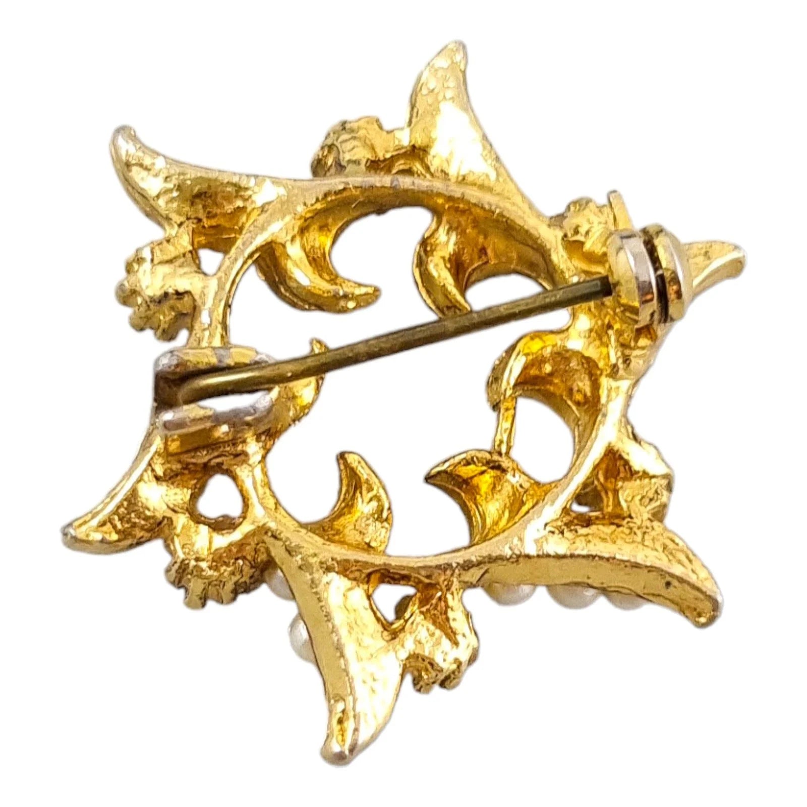 1950's estate gold plated scrolling floral star brooch set with imitation pearls, Edwardian revival