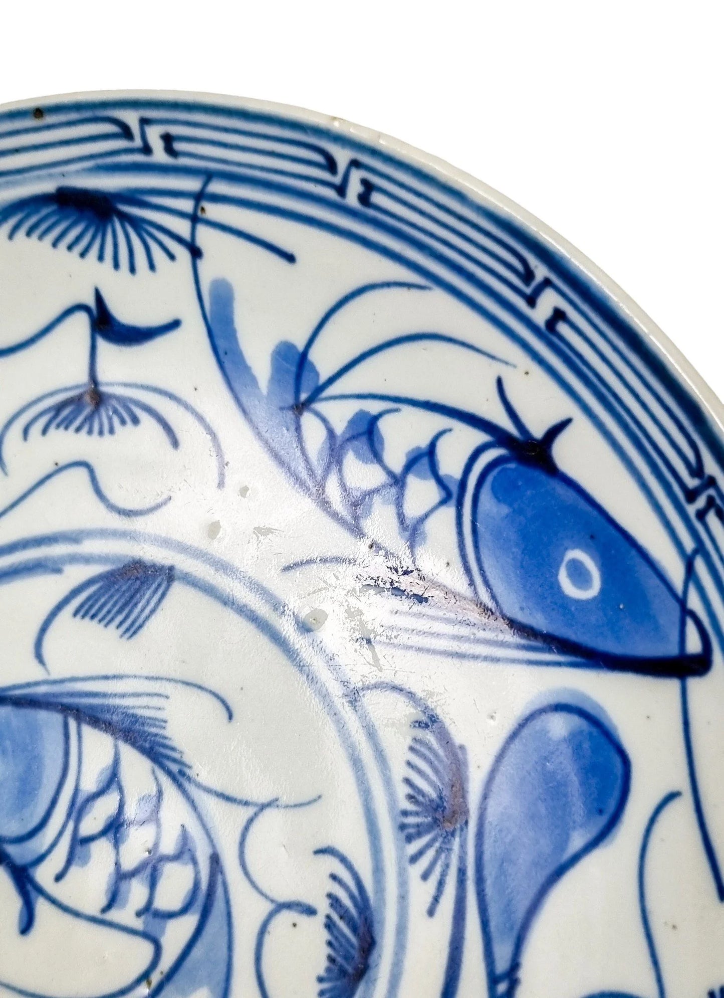1860's Tongzhi signed Chinese export blue and white porcelain koi carp bowl
