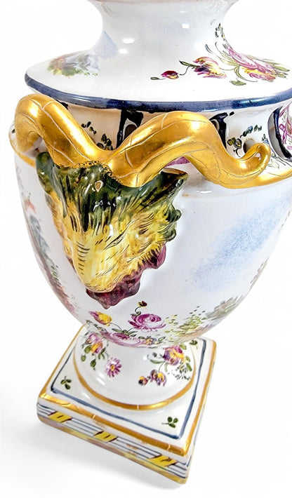 Rare 18th century French faience urns by Veuve Perrin with hand-painted pastoral scenes in Rococo style
