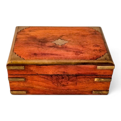 Vintage Indian rosewood campaign style box, brass-bound