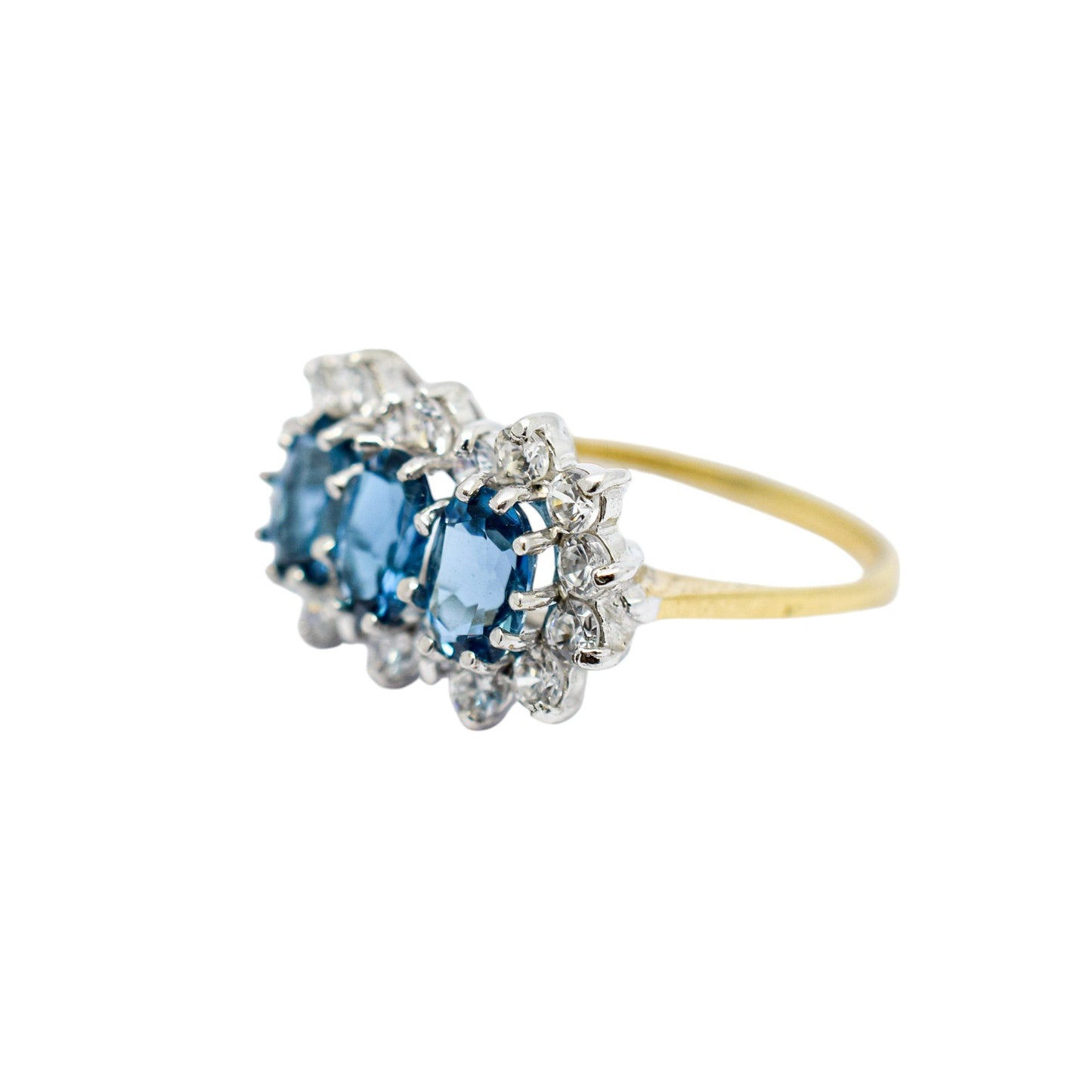 Vintage 1980's three-stone blue topaz cluster ring, 9ct yellow gold, size K 1/2