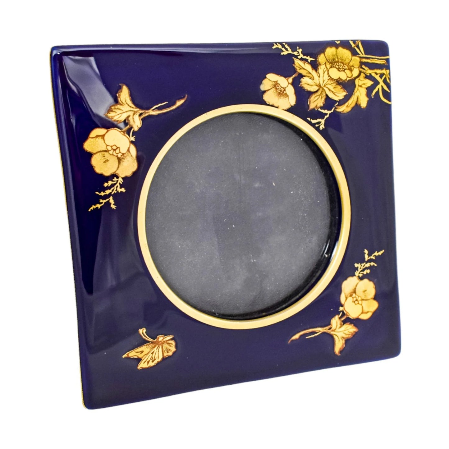Arts & Crafts Limoges porcelain cobalt blue picture frame, gilded flowers and butterfly