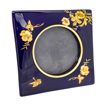 Arts & Crafts Limoges porcelain cobalt blue picture frame, gilded flowers and butterfly
