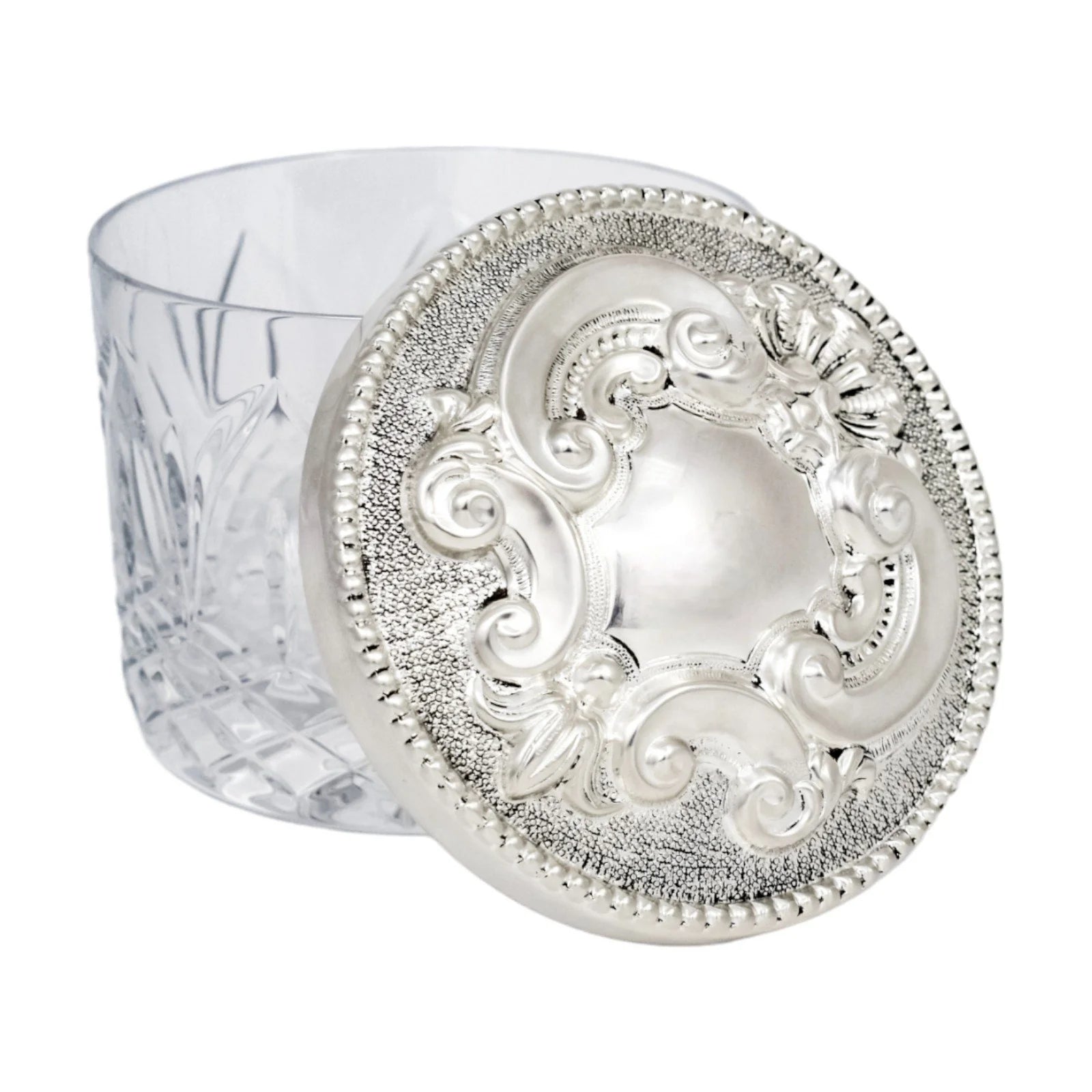 Vintage Carrs sterling silver Atlantis lead crystal large round vanity dressing table box