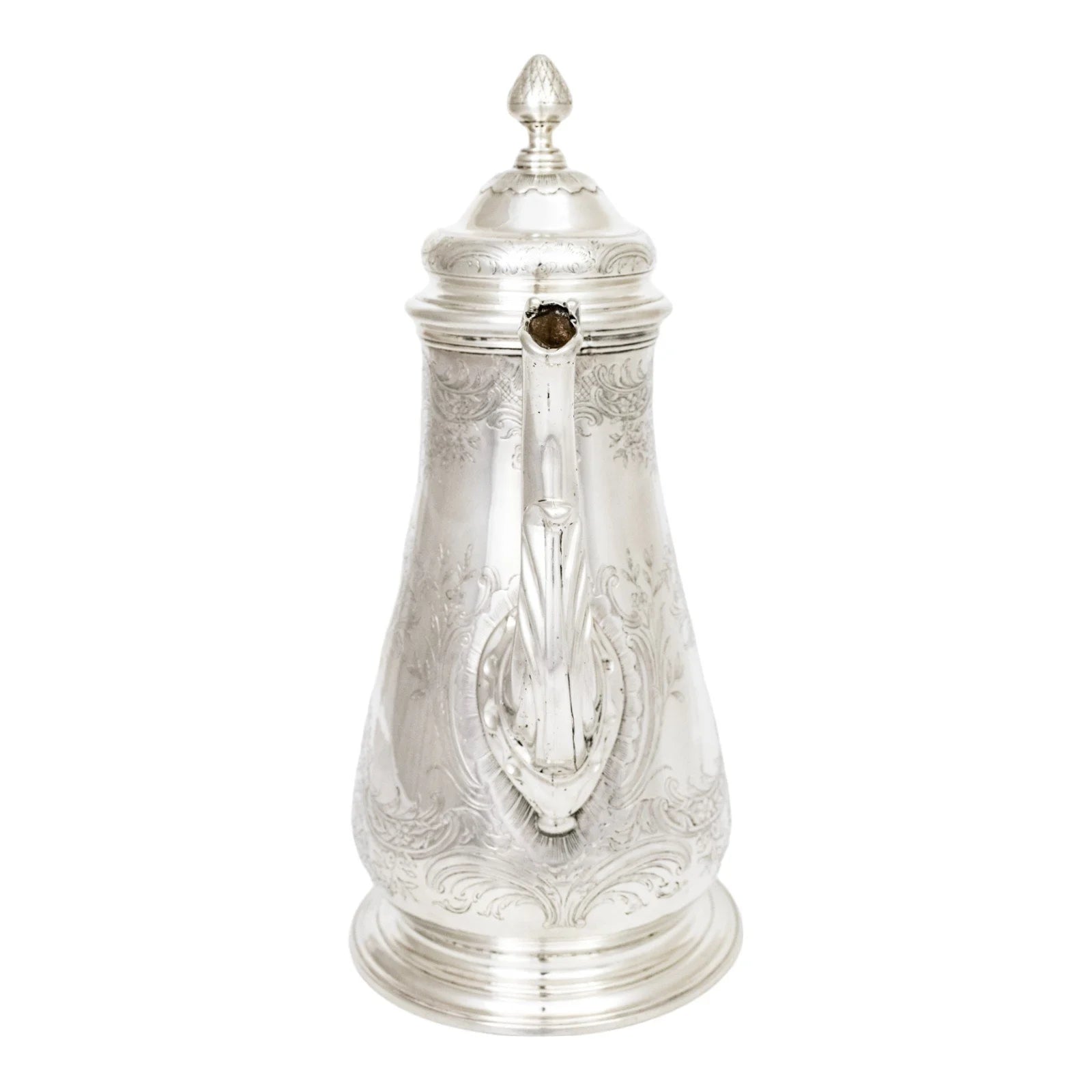 1740s George II Rococo sterling silver coffee pot with armorials and fruitwood handle