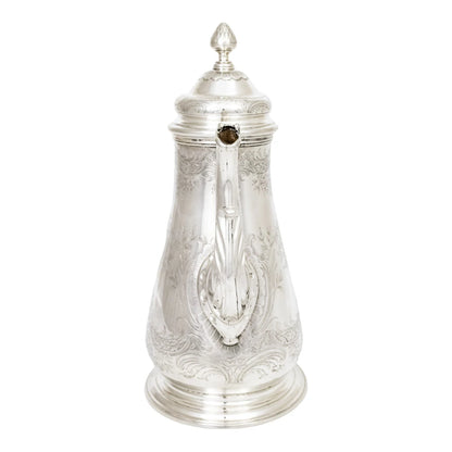 1740s George II Rococo sterling silver coffee pot with armorials and fruitwood handle