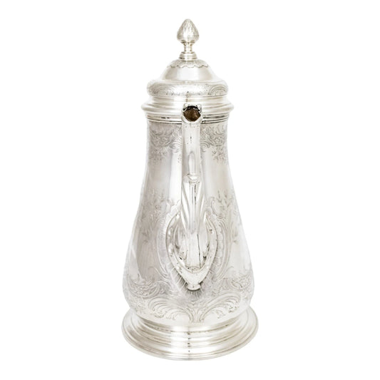 1740s George II Rococo sterling silver coffee pot with armorials and fruitwood handle