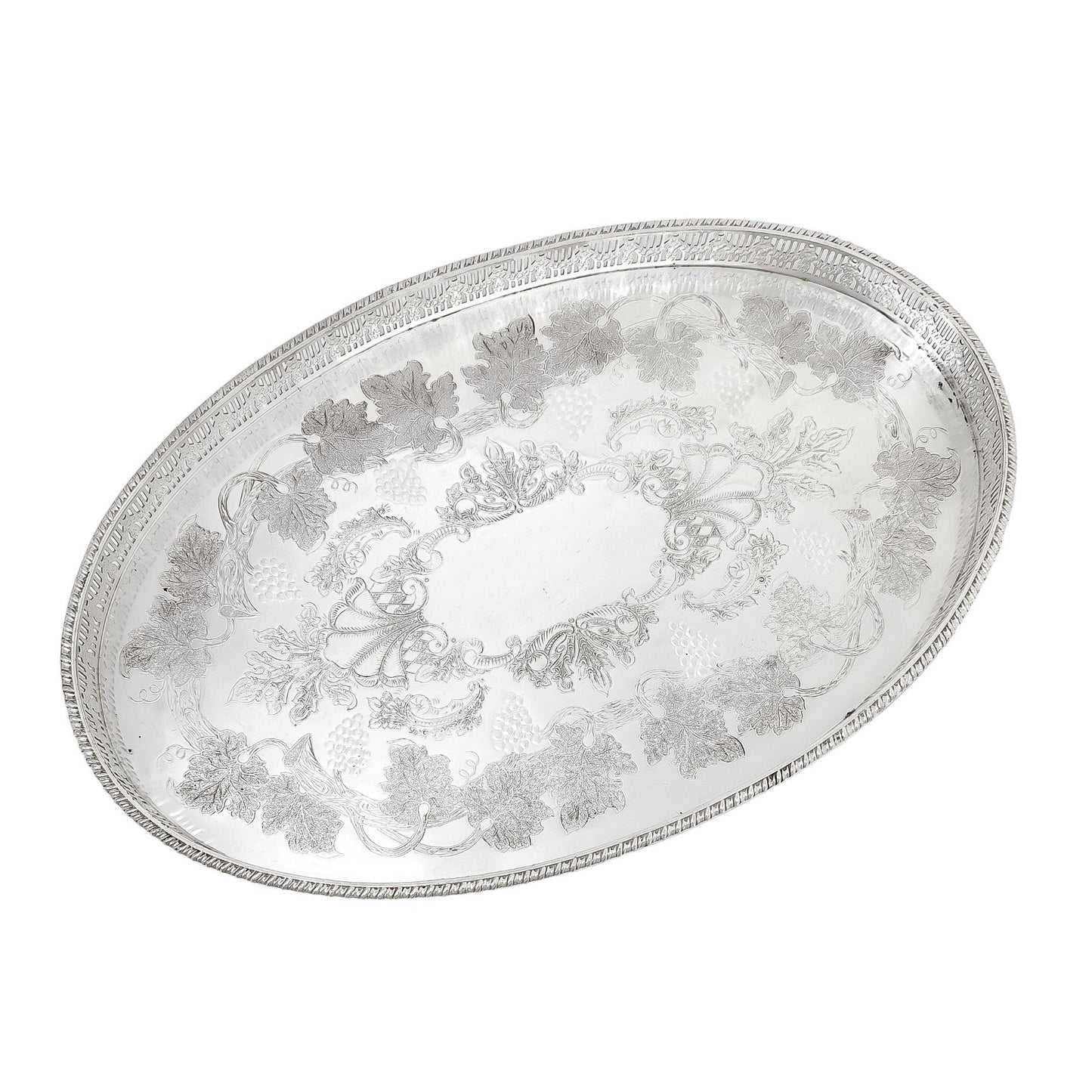 Oval silver plated gallery serving tray engraved with fruiting grapevines