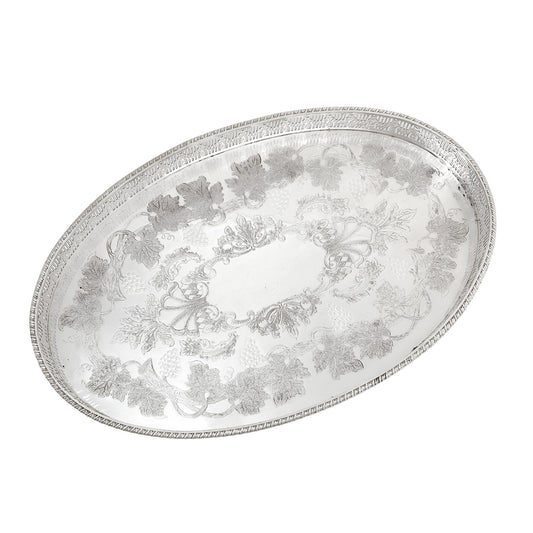 Oval silver plated gallery serving tray engraved with fruiting grapevines