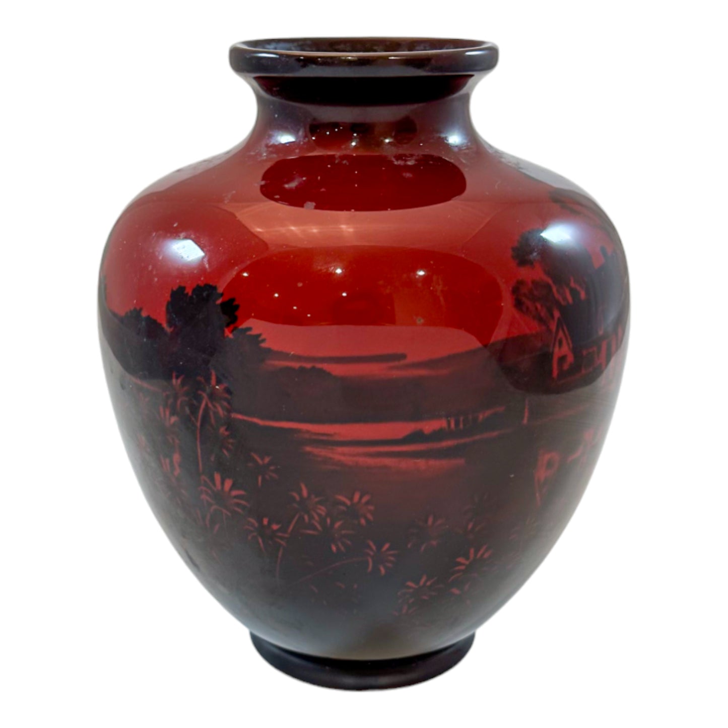 Art Deco pair red flambe porcelain urns, Charles Noke for Royal Doulton
