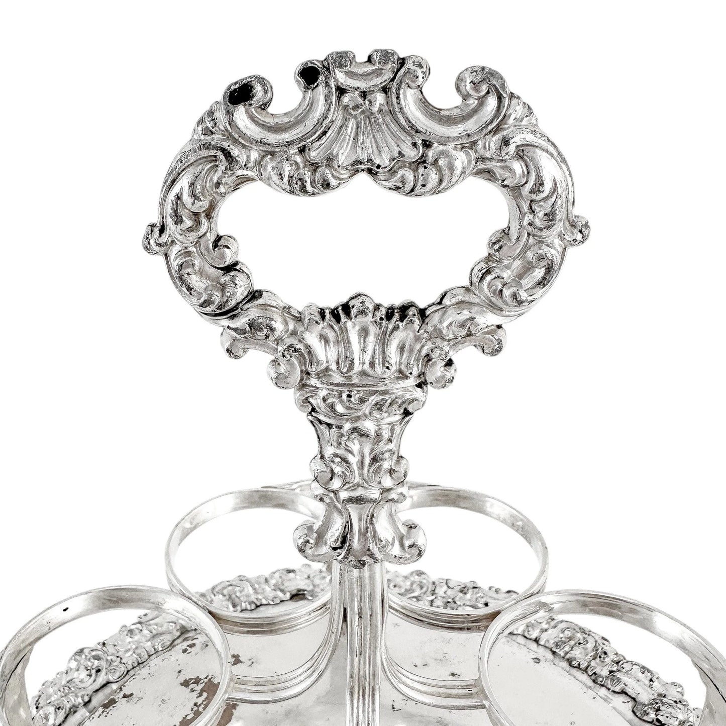 George III Old Sheffield silver plate cruet stand for 7 bottles, raised on paw feet