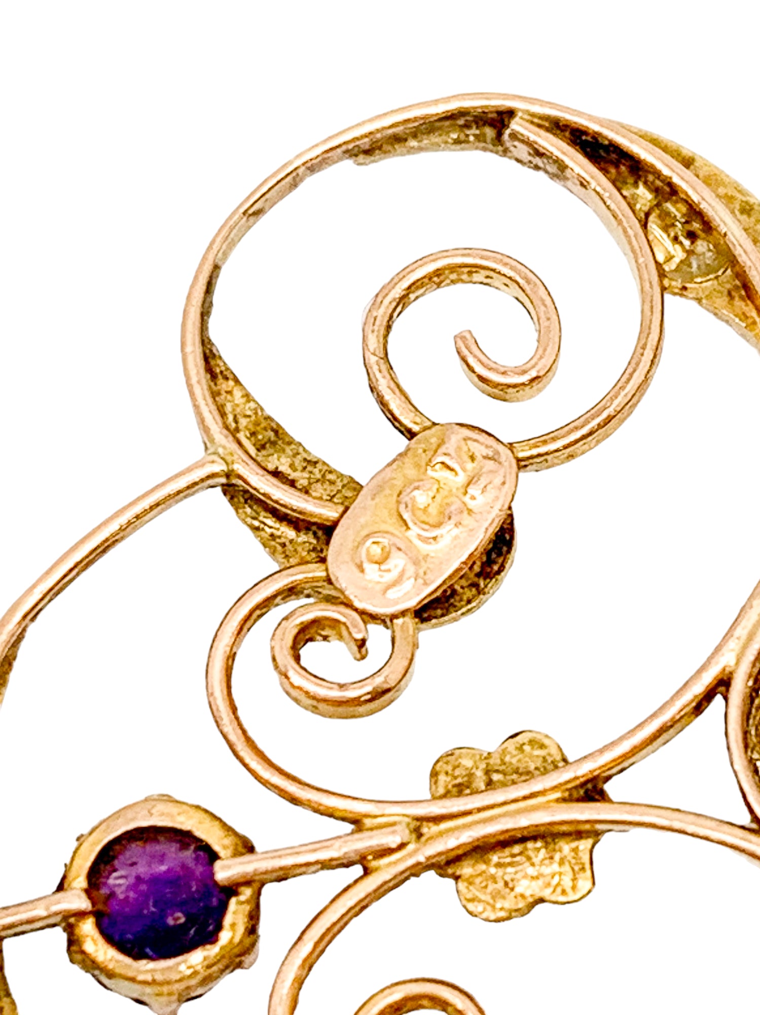 Art Nouveau lavalier amethyst pearl pendant 9ct yellow gold