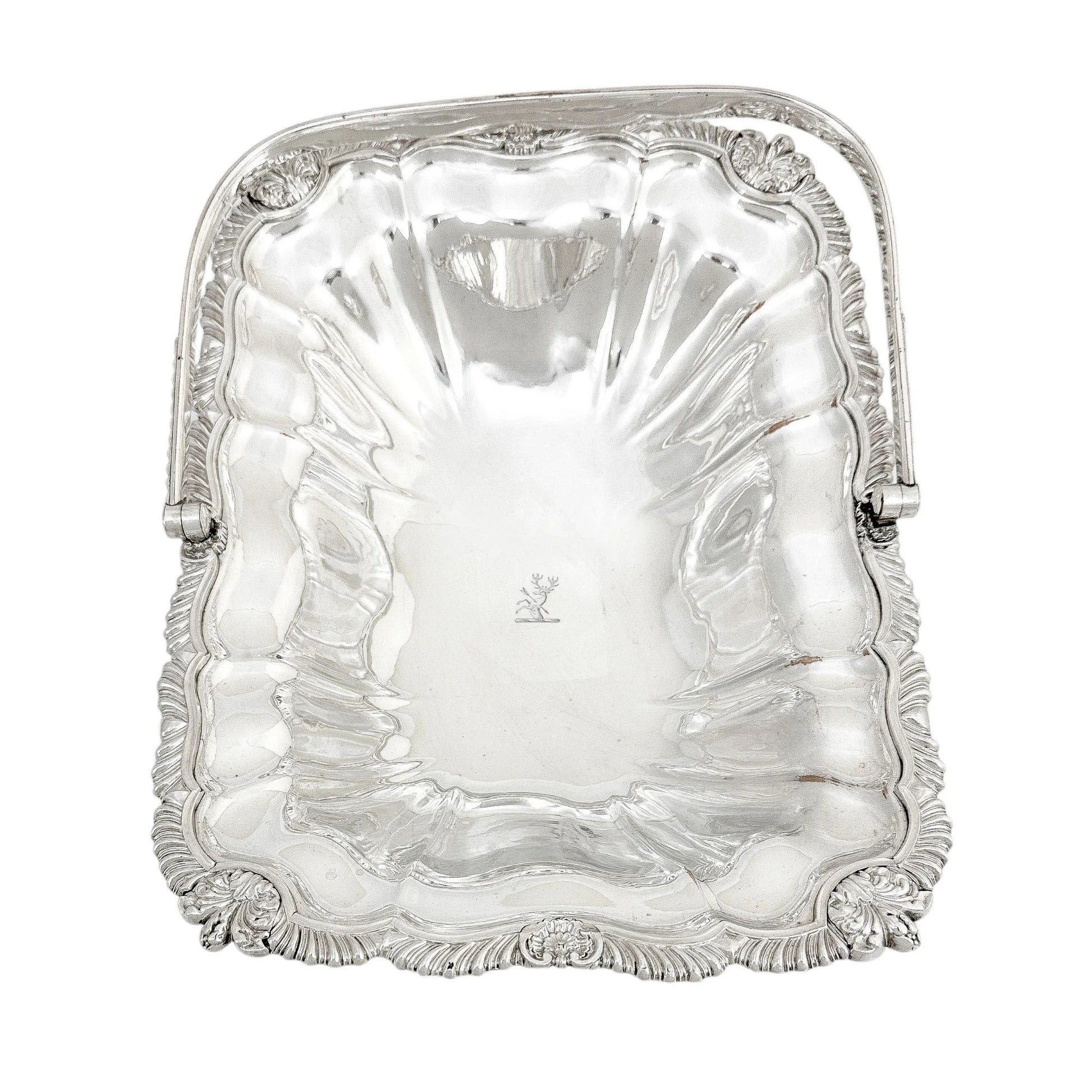 George III Old Sheffield plate large fluted basket with sterling aristocratic stag family crest