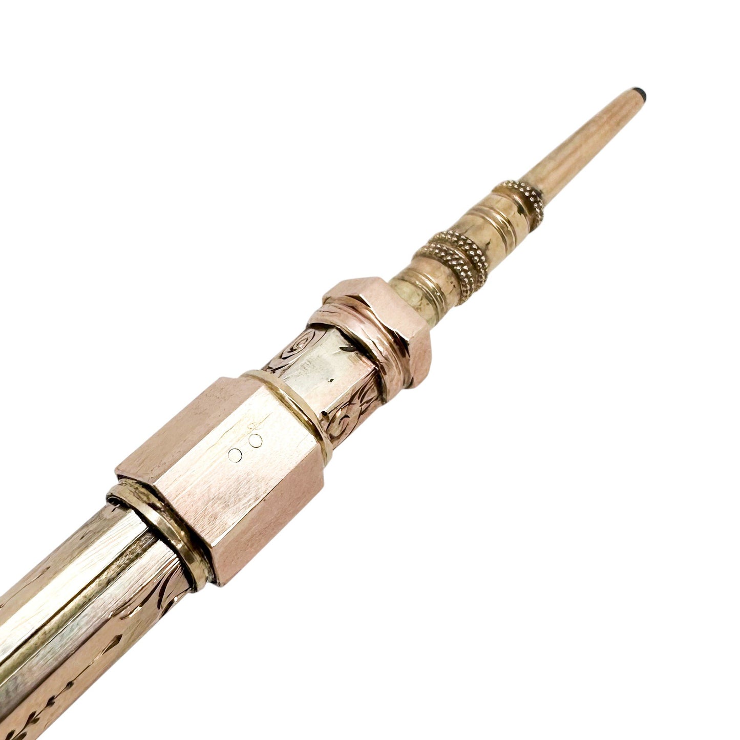 Victorian 9ct rose gold agate seal top hexagonal propelling pencil, engraved with flowers