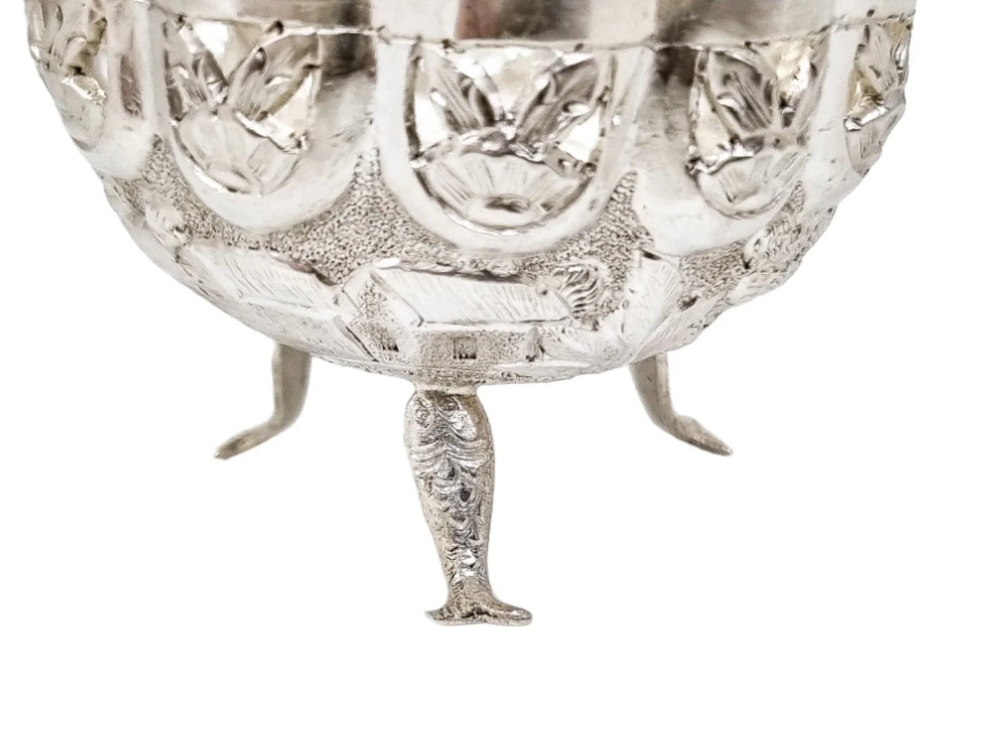 1890's Indian Calcutta silver figural bowl with fish legs and embossed village scenes