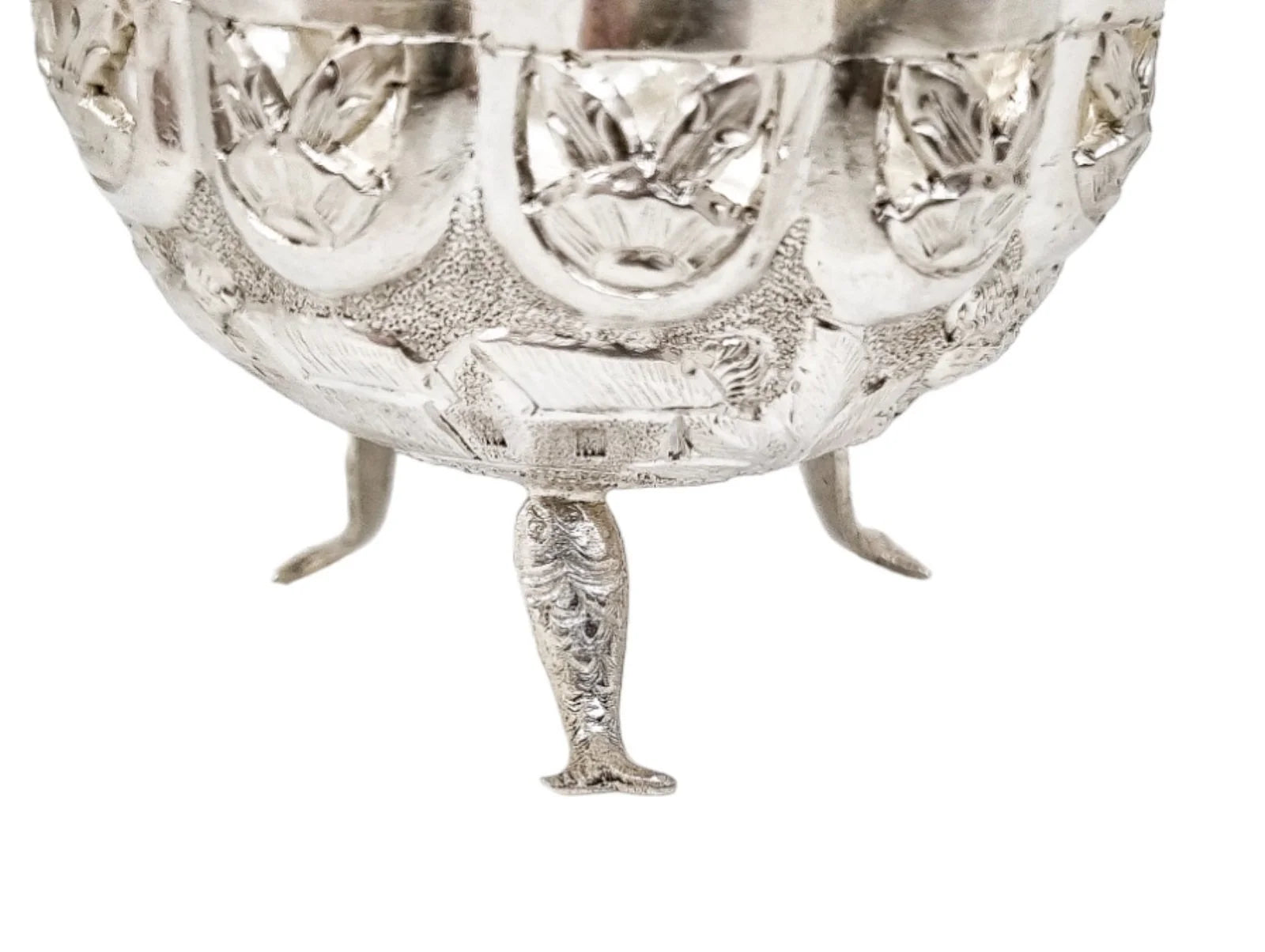 1890's Indian Calcutta silver figural bowl with fish legs and embossed village scenes