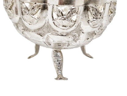 1890's Indian Calcutta silver figural bowl with fish legs and embossed village scenes