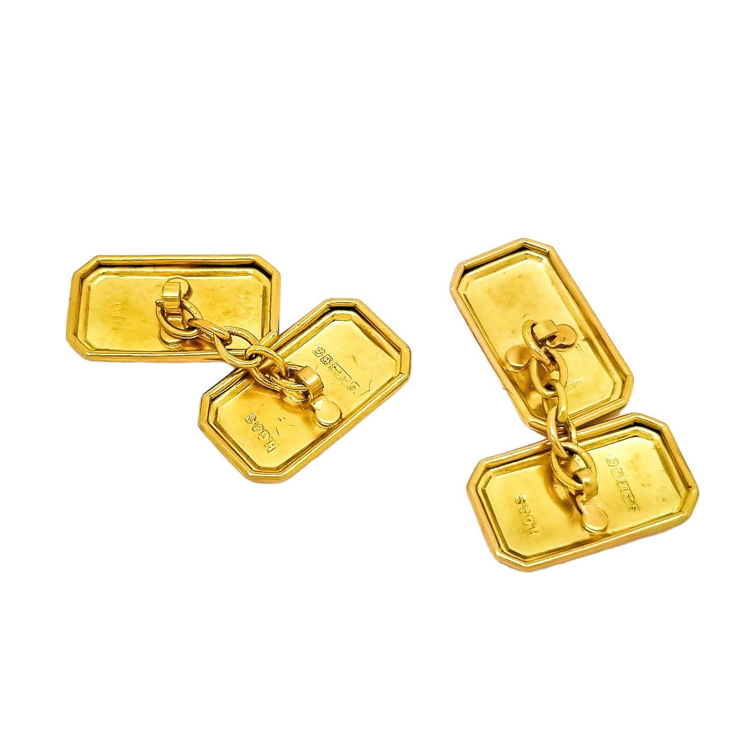 Vintage 1960’s 9ct yellow gold oblong bevelled cufflinks, half engine-turned, boxed