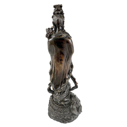 Chinese bronze tall statue of Guanyin resting on frog on lotus flower