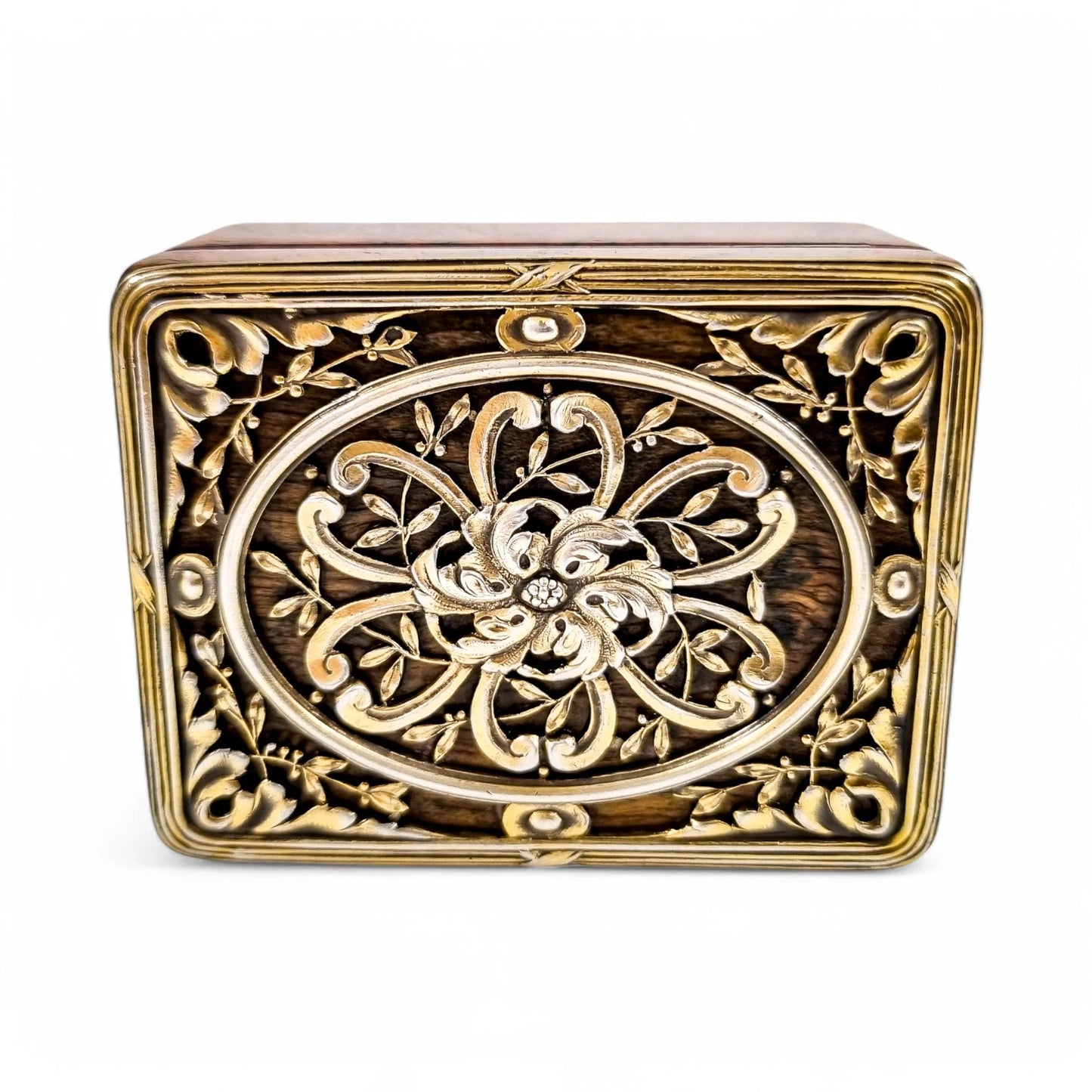 Antique French Art Nouveau walnut burlwood stamp box with pierced vermeil silver lid, c. 1890s