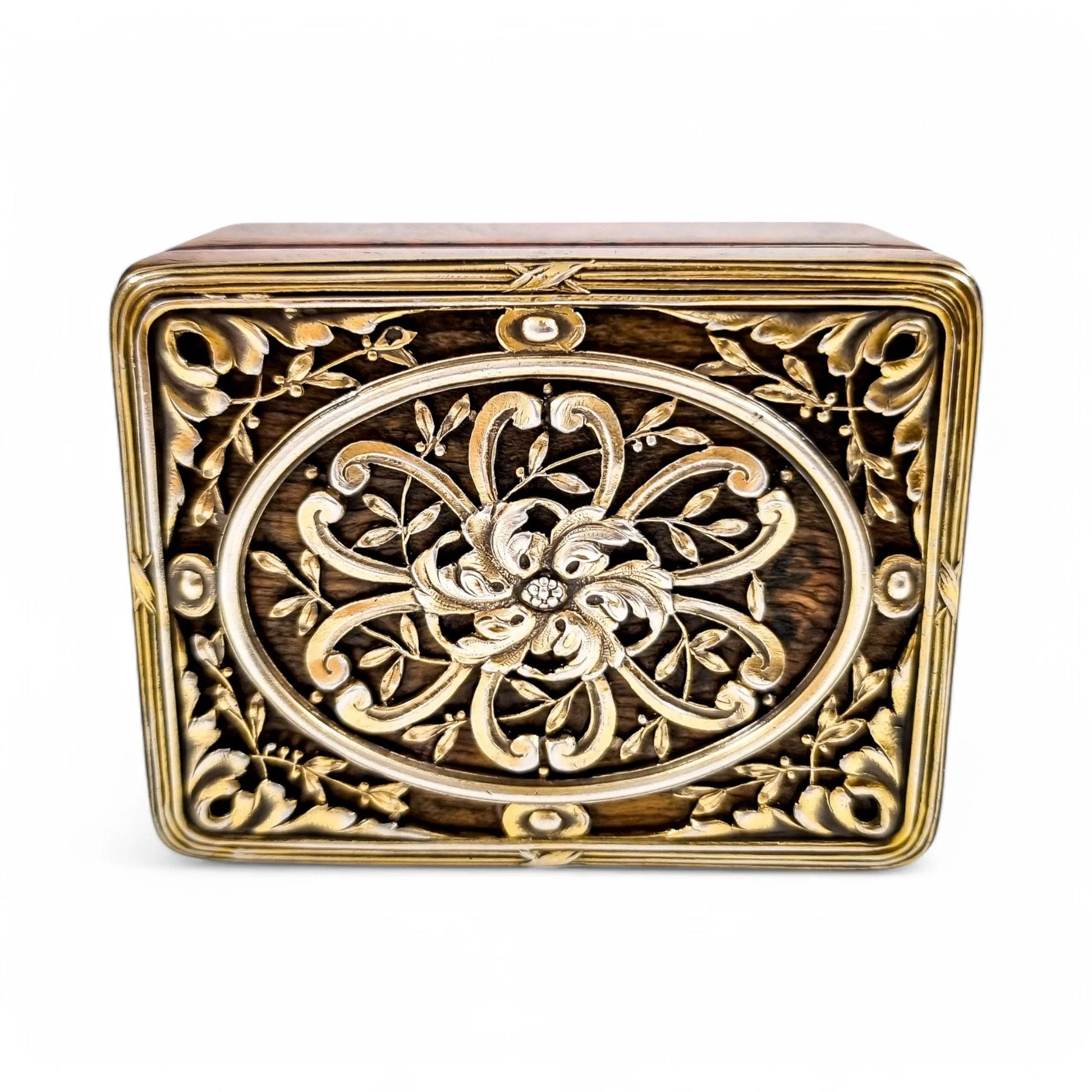 Antique French Art Nouveau walnut burlwood stamp box with pierced vermeil silver lid, c. 1890s