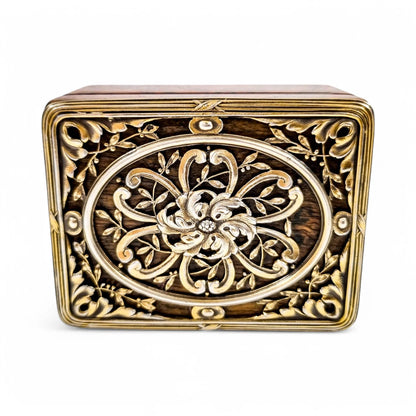 Antique French Art Nouveau walnut burlwood stamp box with pierced vermeil silver lid, c. 1890s