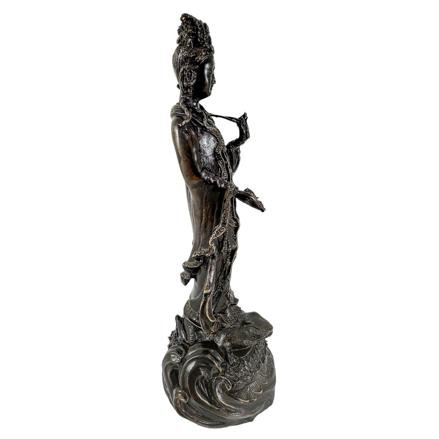 Chinese bronze tall statue of Guanyin resting on frog on lotus flower