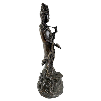 Chinese bronze tall statue of Guanyin resting on frog on lotus flower