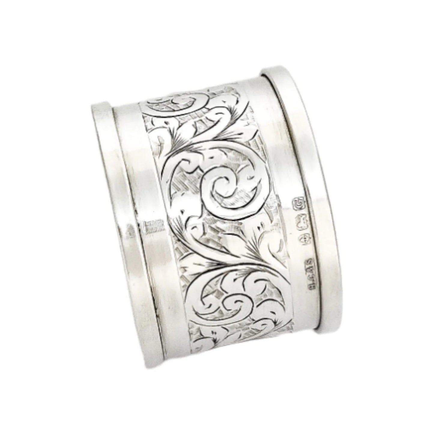 1930's large sterling silver napkin ring engraved with scrolling leaves
