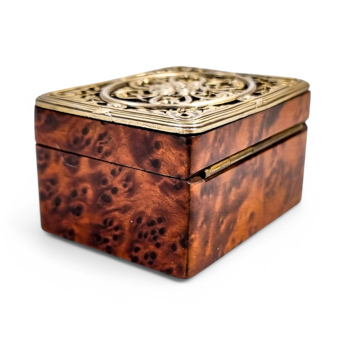 Antique French Art Nouveau walnut burlwood stamp box with pierced vermeil silver lid, c. 1890s
