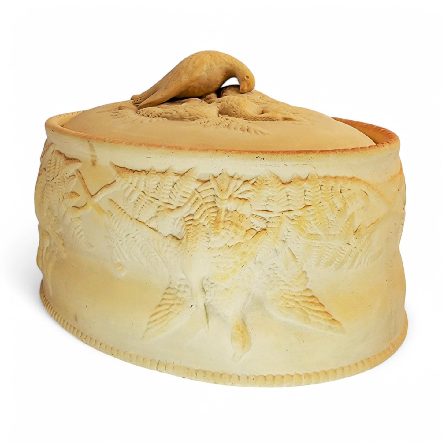 Victorian Brownfield stoneware game pie dish with bird finial and fern relief decoration, 1875