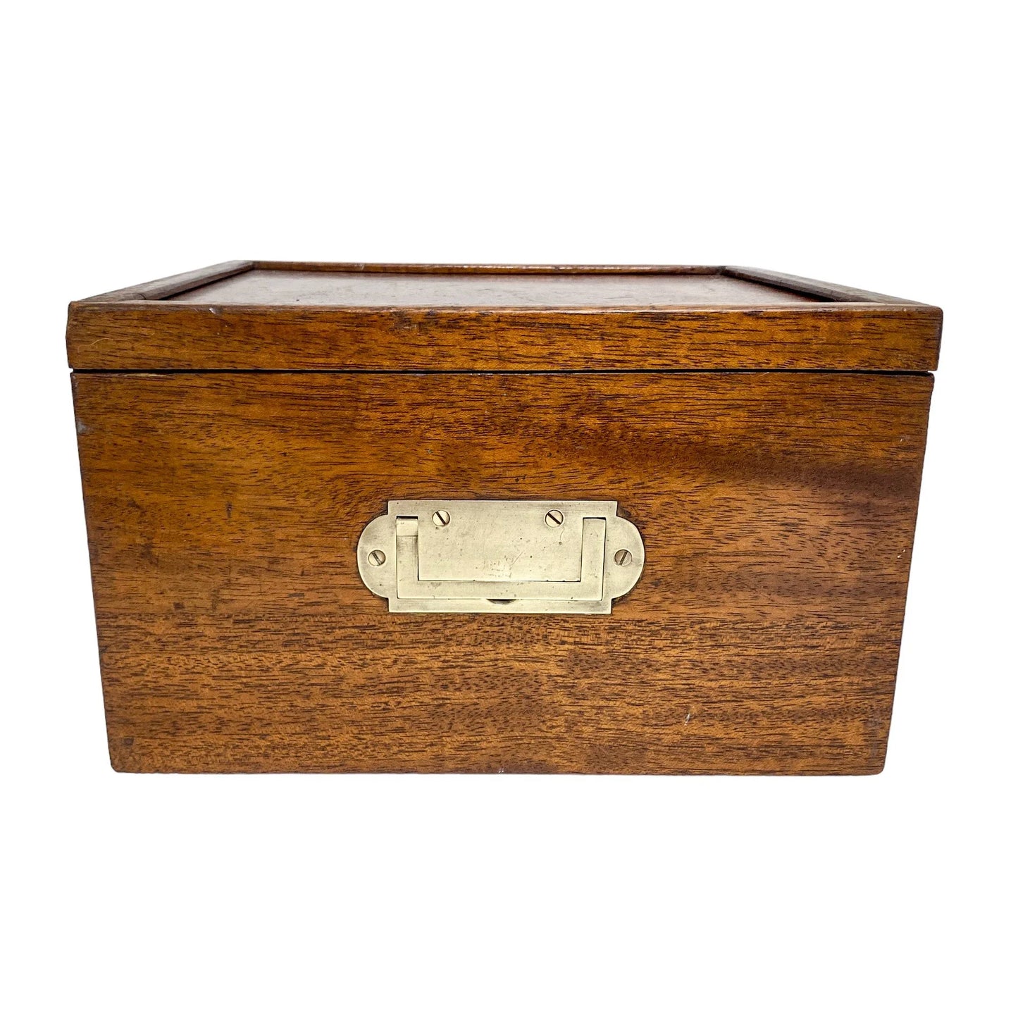 Edwardian mahogany upright storage box with sliding side lid and military carry handle